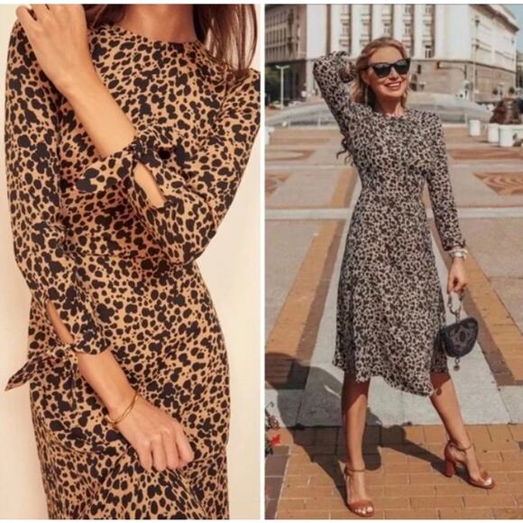 Reformation Port Dress 3/4 Sleeves Leopard Print Midi Women's Size 6 Brown Black - Picture 11 of 11